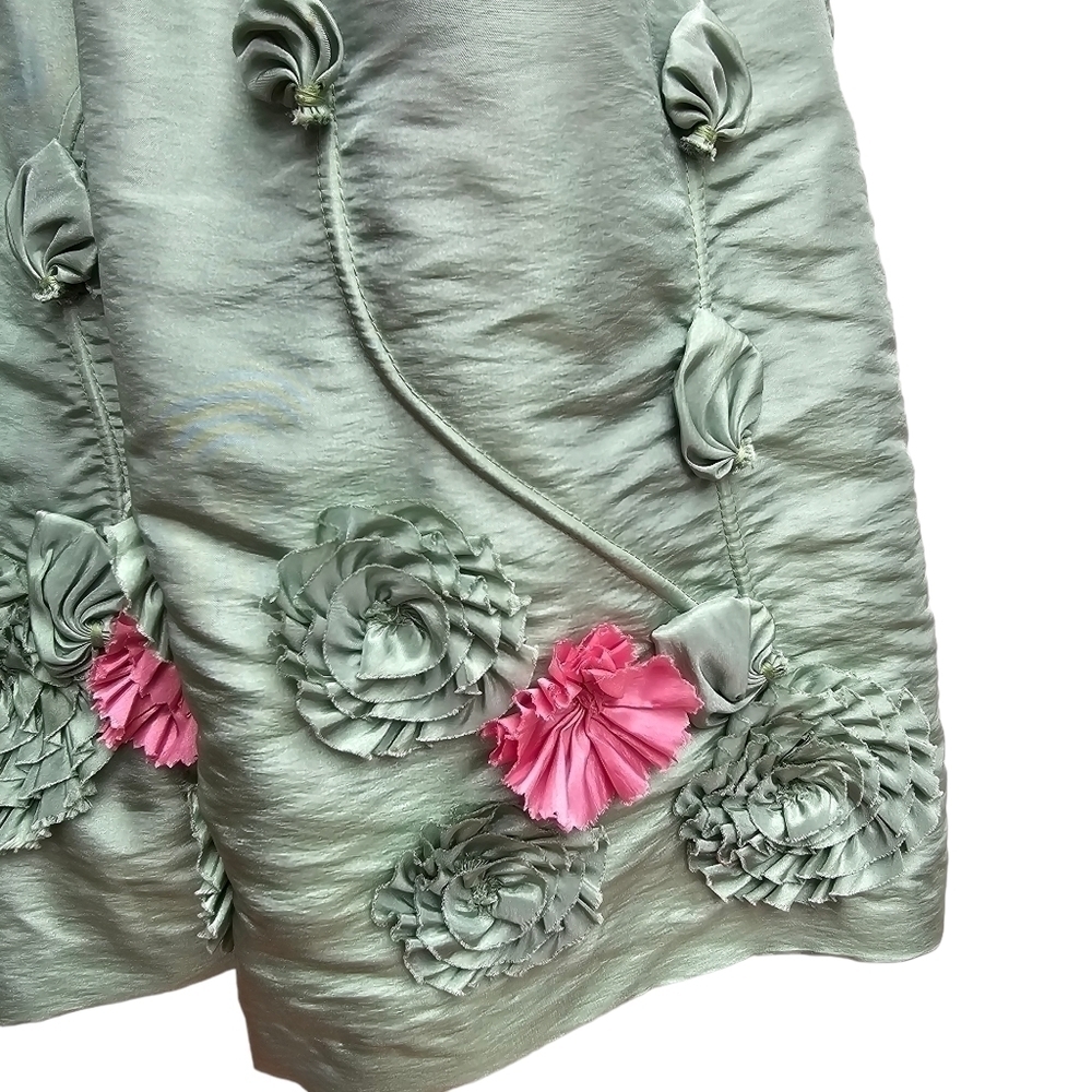 Bill Levkoff Strapless Taffeta with 3D Floral Applique, Green with Pink, Size XS - Picture 4 of 14